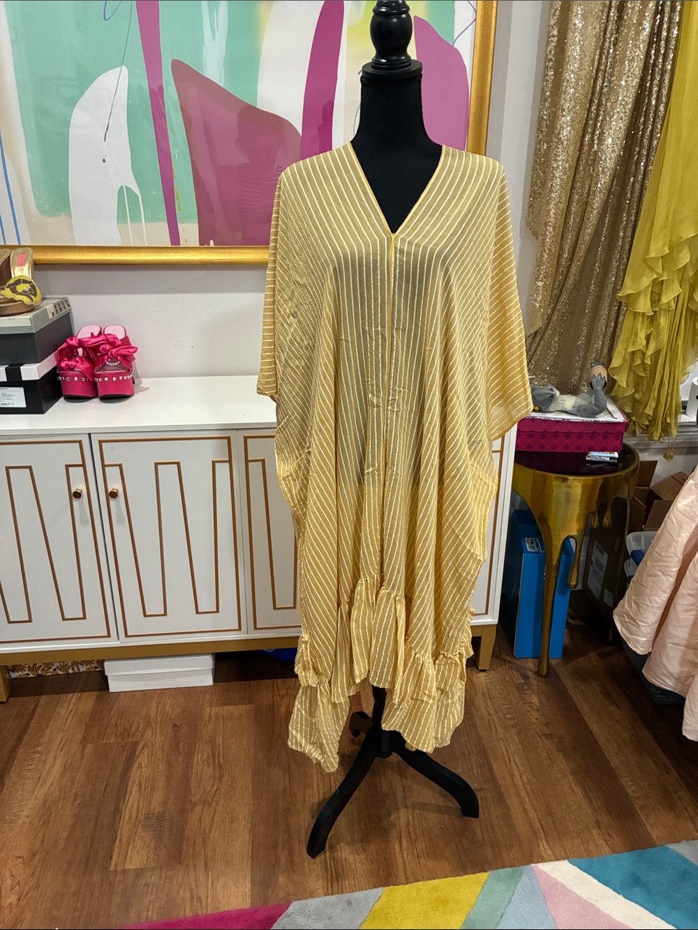 Yellow Striped Maxi Kaftan Dress with Ruffle Hem